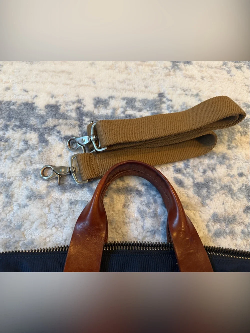 J. Crew Navy Laptop Briefcase with Brown Leather Handles